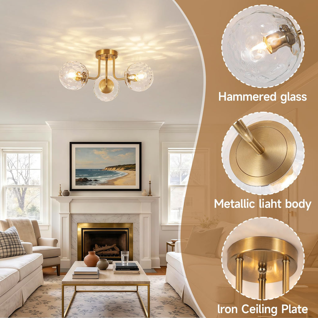 3-Light Gold Semi Flush Mount Ceiling Light, Modern Opal Glass Globe Ceiling Light Fixture Living Room Kitchen, Bulbs