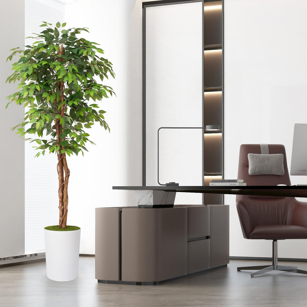 7Ft Artificial Ficus Tree in Large Tall Planter - Faux Indoor Plant with Realistic Wood Trunk - Large Tall Fake Plant
