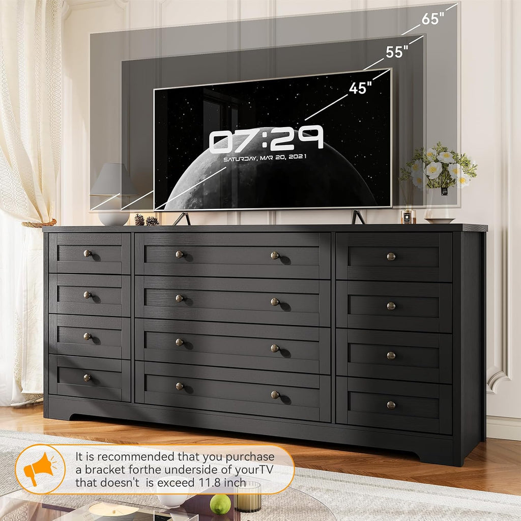 12 Drawer Wood Dresser - 63" Wide Chest of Drawers, Modern Storage Cabinet , Fits 65 Inch TV, Sturdy Wood