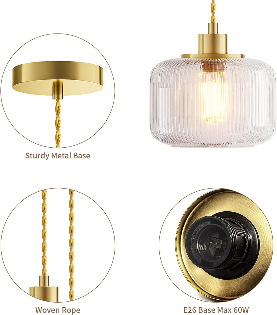 Clear Striped Glass Pendant Light, Gold Vintage Hand Blown Pendant Lamp, E26 7W LED Bulb Included, Adjustable