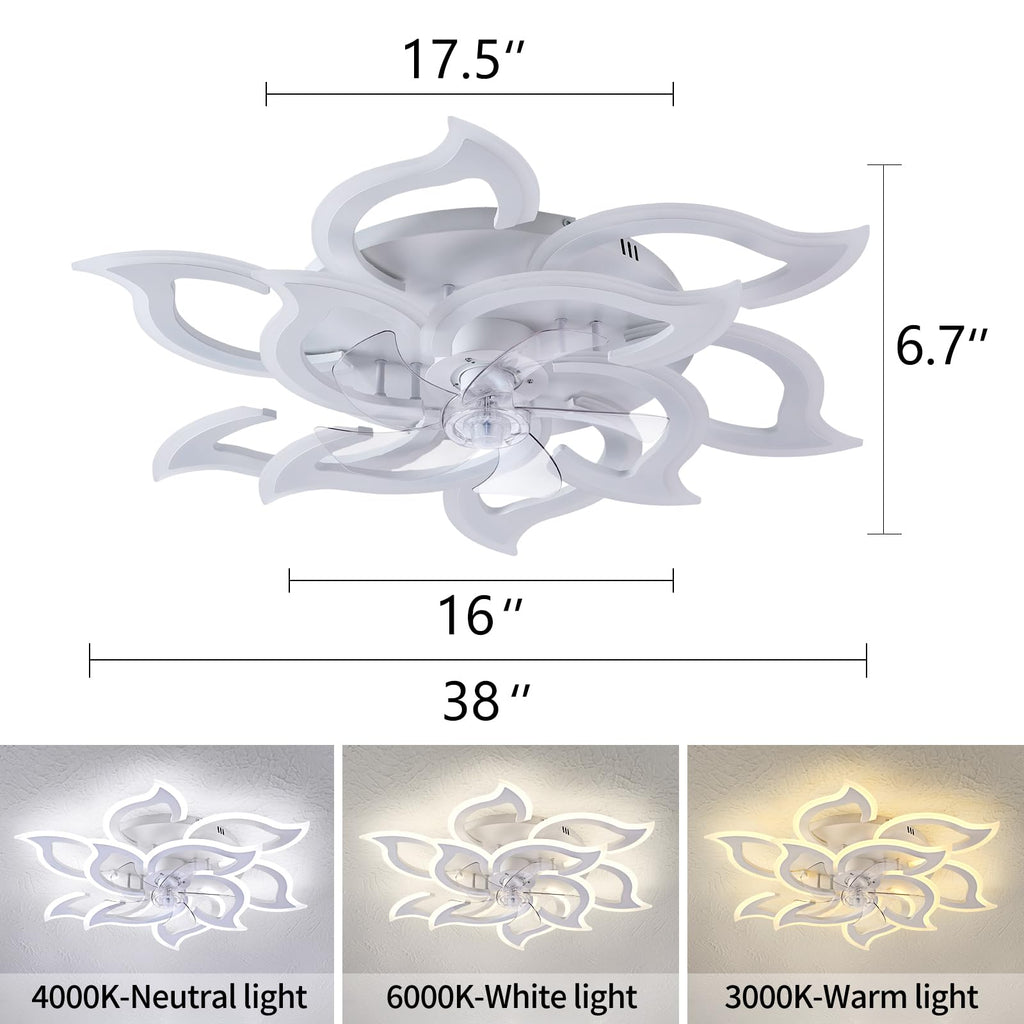38" White Geometric Ceiling Fan with Light Remote Control, 3 Light Color 6 Speeds LED Flower Flush Mount Low Profile