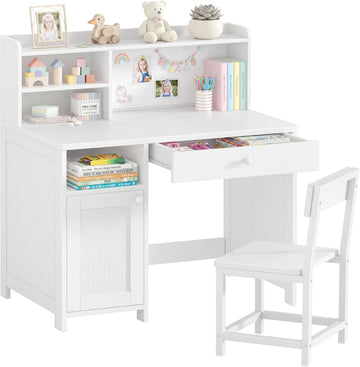 Wooden Kids Desk with Storage,White Kids Desk and Chair Set for 8-10 Year Old, Children Study Desk with Drawer