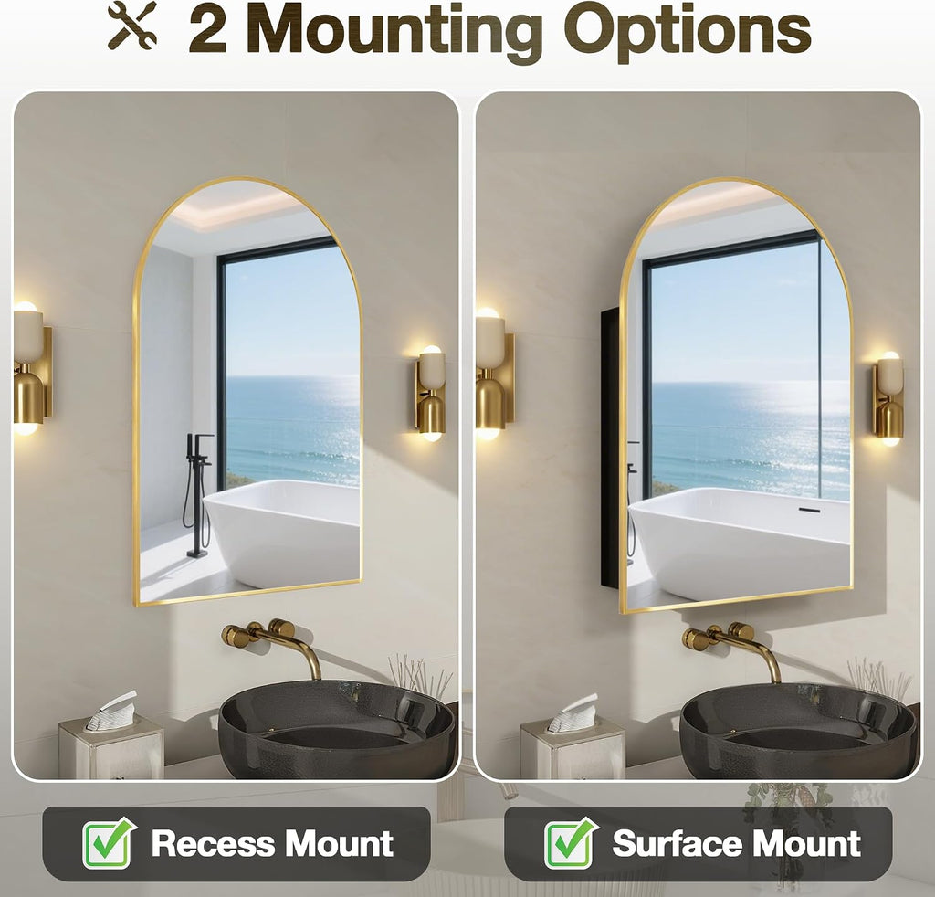Arched Medicine Cabinet Mirror No Assembly Needed Bathroom Mirror with Storage Recessed or Surface Mount Options