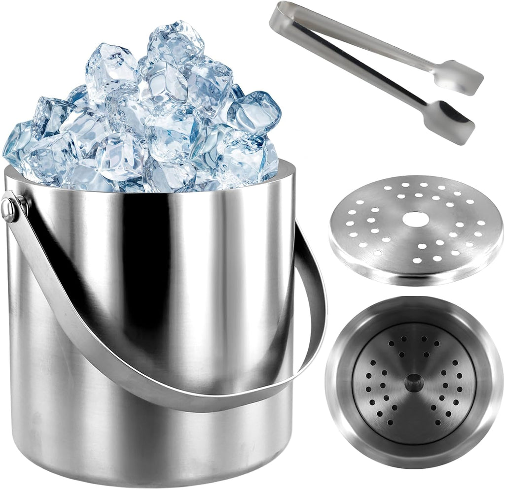 Ice Bucket with Lid Strainer Tong,2QT Double Walled Stainless Steel Insulated Ice Bucket Container,Good Sealing Ice