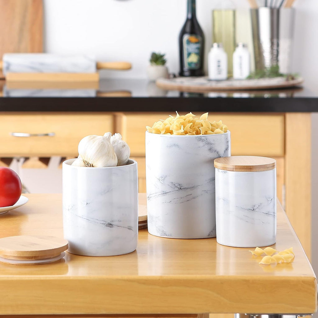 Kitchen Ceramic Canister Set, 4.5c / 3c / 1.25c, White Marble Pattern - Set of 3