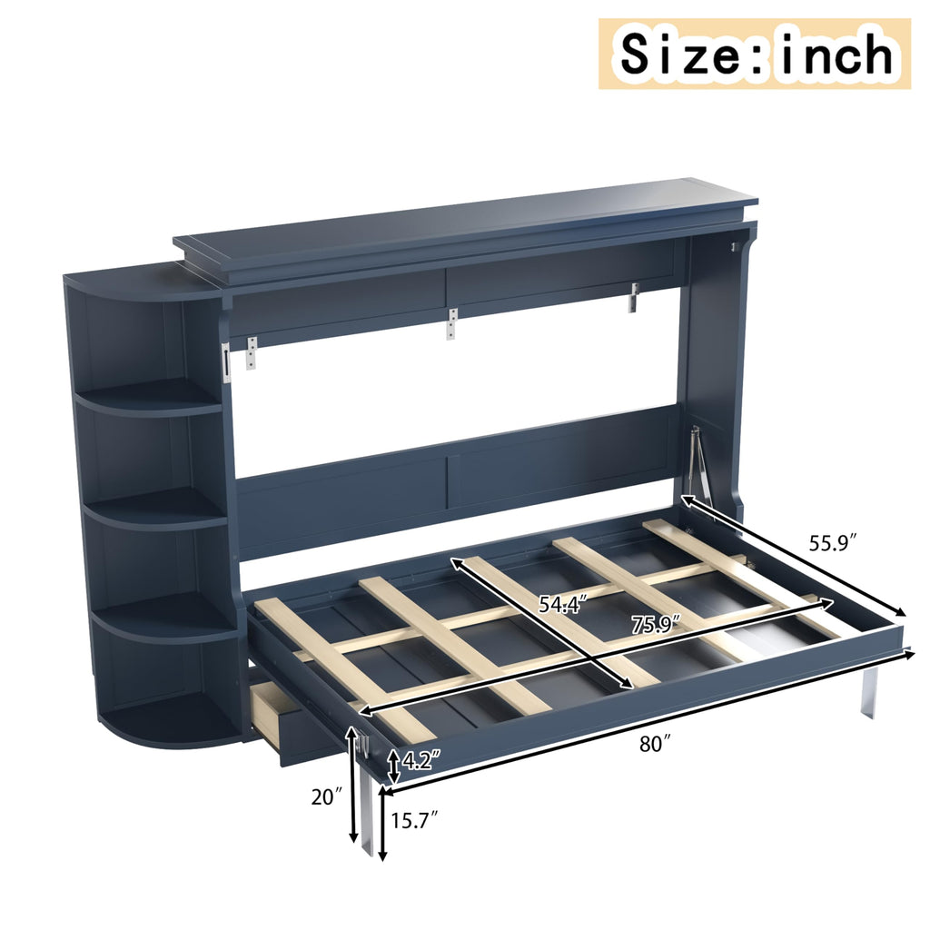 Full Size Horizontal Cabinet Murphy Bed with Side Cabinets, Blue