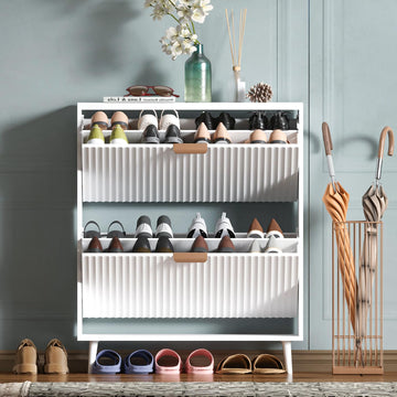 Shoe Cabinet Storage, Modern Freestanding Organizer with 2 Flip Drawers, Narrow Shoe Rack Cabinet, White