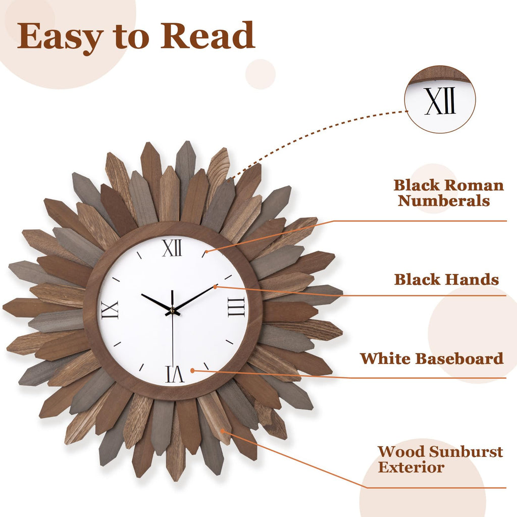 24 Inch Large Wall Clock Battery Operated Silent Rustic Wood Boho Sunburst Decorative Wall Clocks Kitchen Bedroom