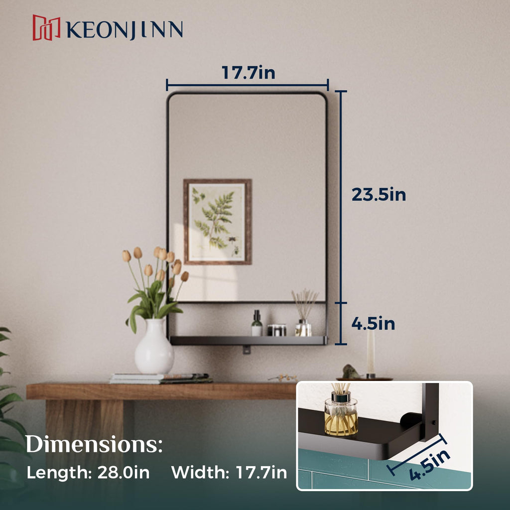 18 x 28 Inch Black Bathroom Mirror with Shelf, Rust-Resistant