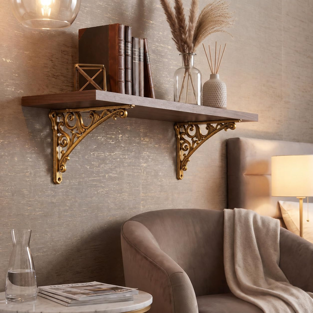 Shelf Bracket 12 Inch, Decorative Brackets for Shelving, Heavy Duty Vintage Brass Ornate Shelf Bracket, Hardware
