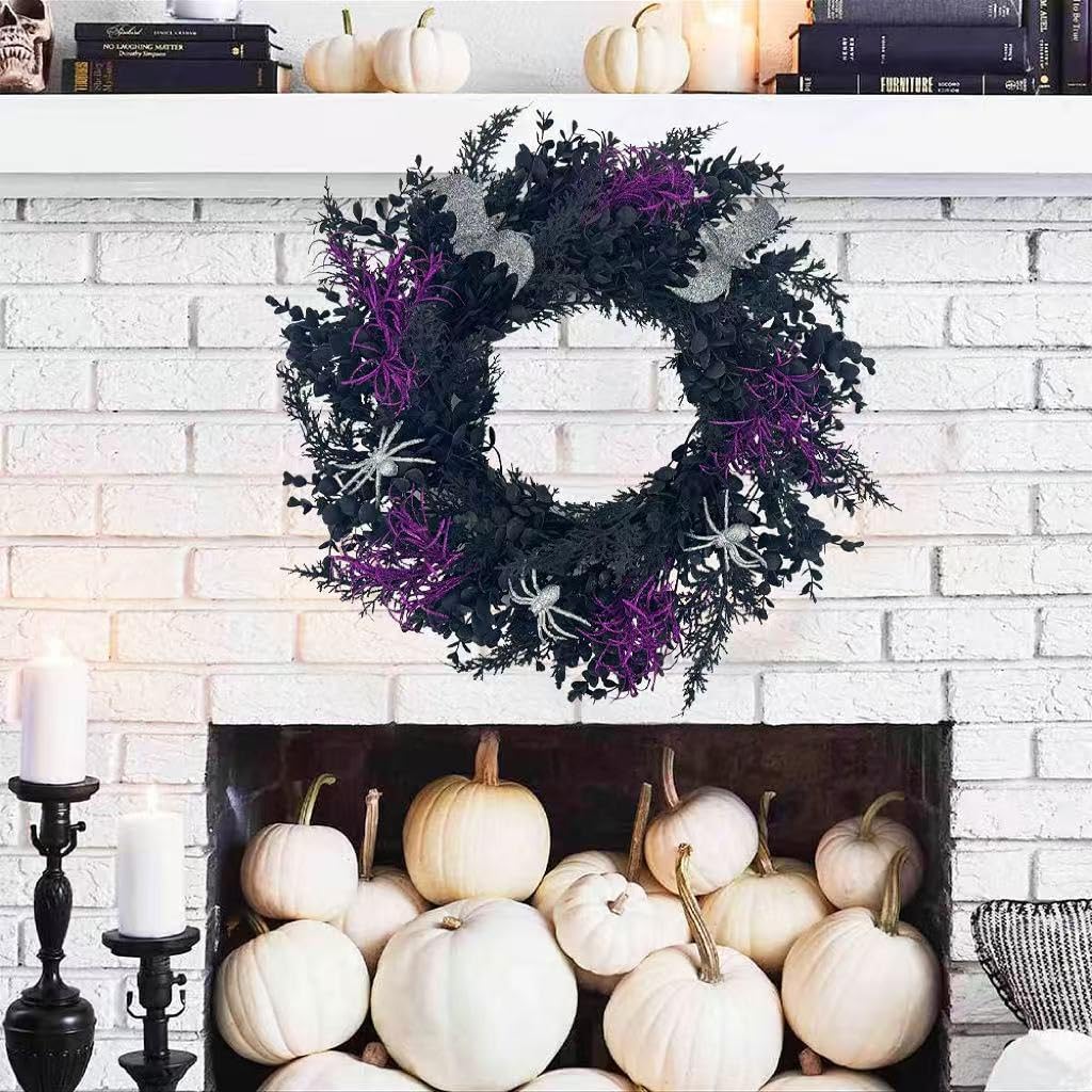 Halloween Wreath for Front Door, 20 Inch Creepy Wreath with Silver Spiders & Bats Purple Plants, Spooky Durable