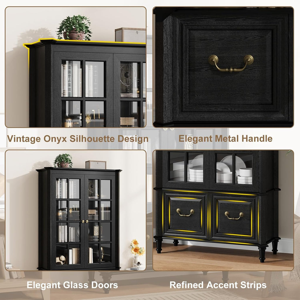 63" Tall Display Cabinet with Glass Doors and Solid Wood Legs, Modern Bookcase with 2 Drawers & Adjustable Shelves