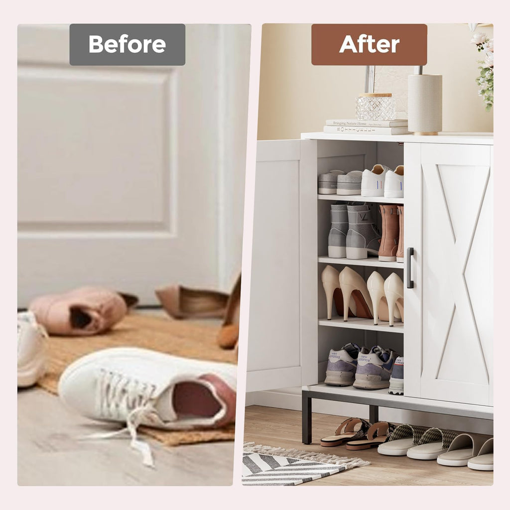 Farmhouse Shoe Cabinet with 2 Barn Doors & Metal Legs