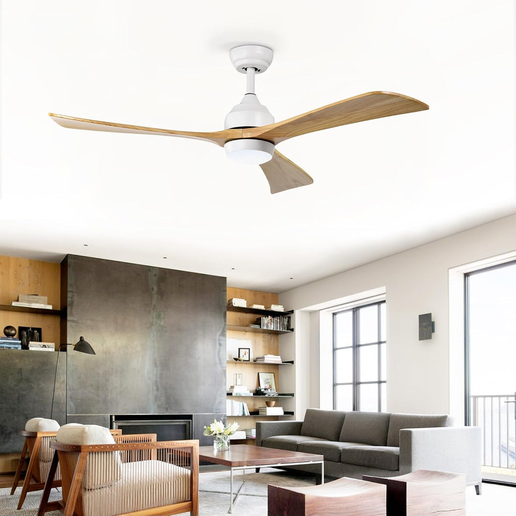 52 Inch Wood Ceiling Fan with Light and Remote - Quiet Reversible DC Motor, 6 Speed - White & Natural Wood