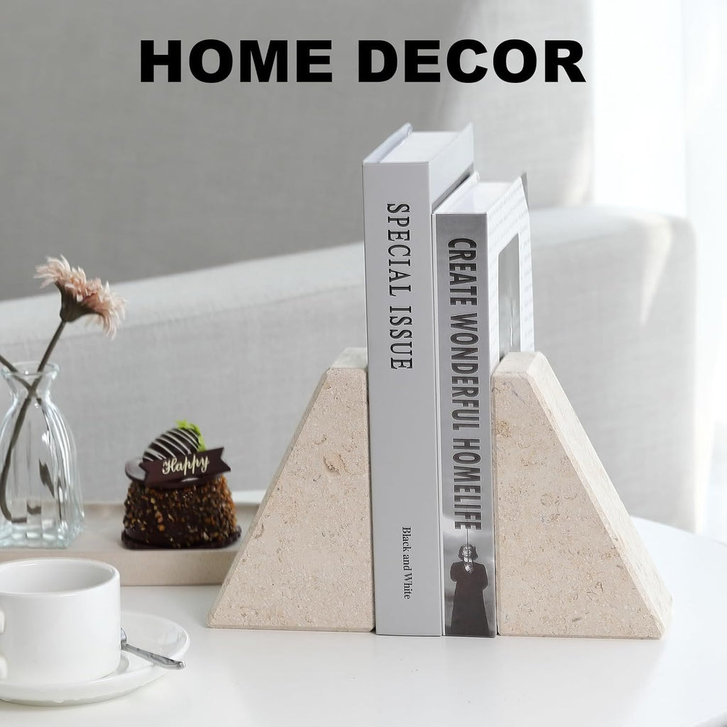Marble Bookends for Heavy Books, Decorative Book Ends for Shelves, Beige Stone Durable and Heavy-Duty Book Ends for