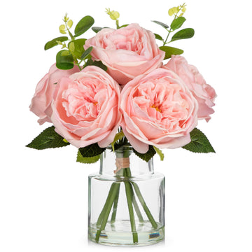 Real Touch Peonies Artificial Flowers Arrangements in Vase Pink Fake Peonies with Glass Vase Silk David Austin Roses