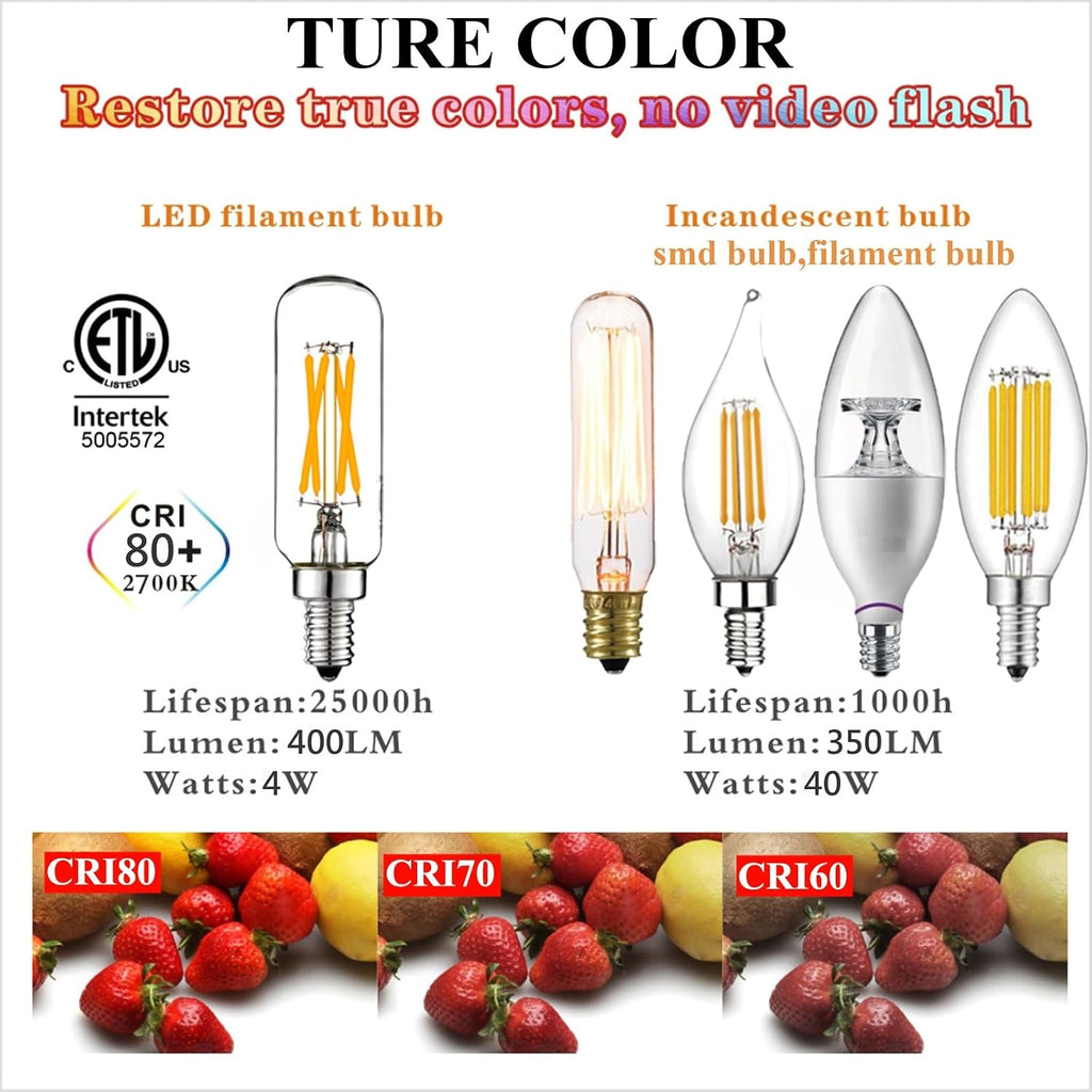 T6 E12 Candelabra Bulb 40 watt,Dimmable,Warm White 2700K,Clear