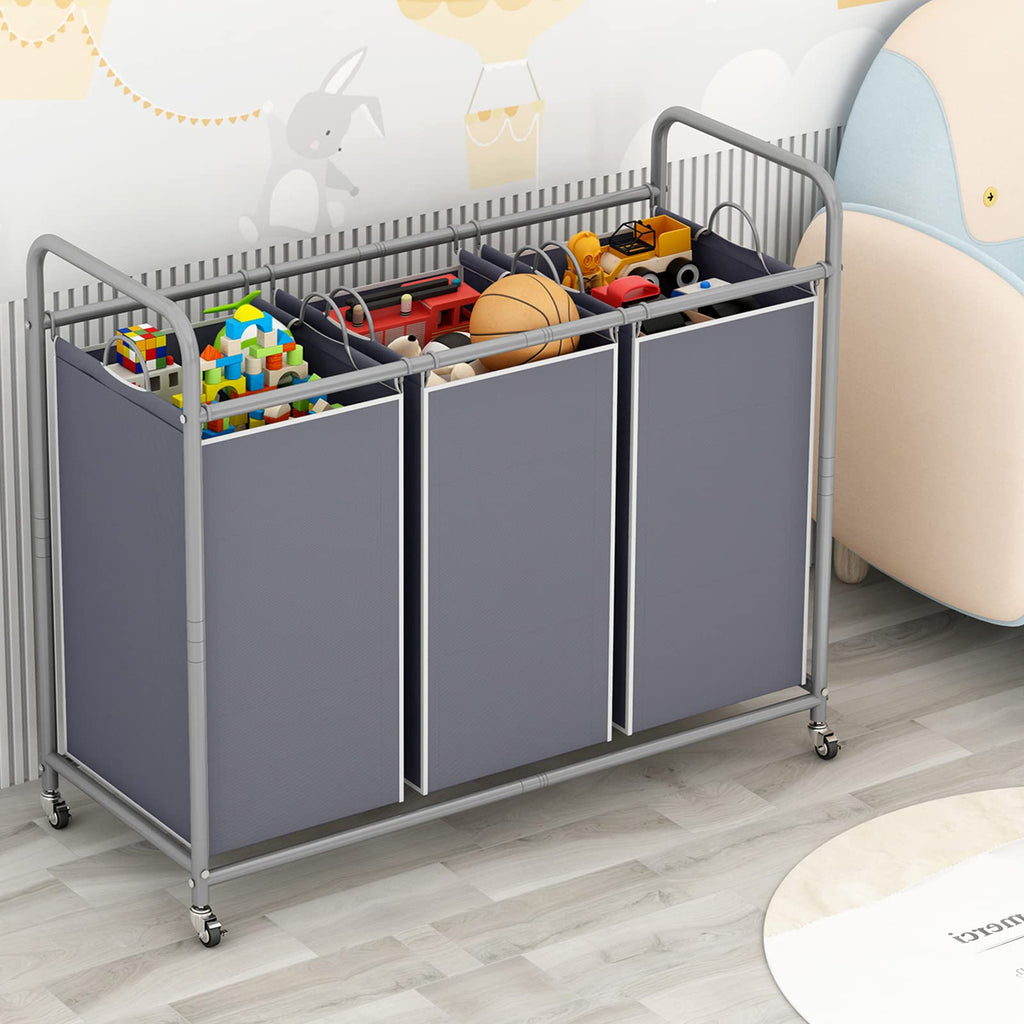 3 Section Laundry Hamper Sorter, Grey Laundry Basket with Wheels