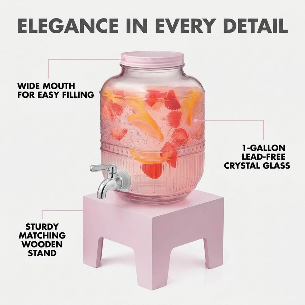 Beverage Dispenser 1 Gallon (16 Cups), Drink Dispenser, Wooden Stand, Pink