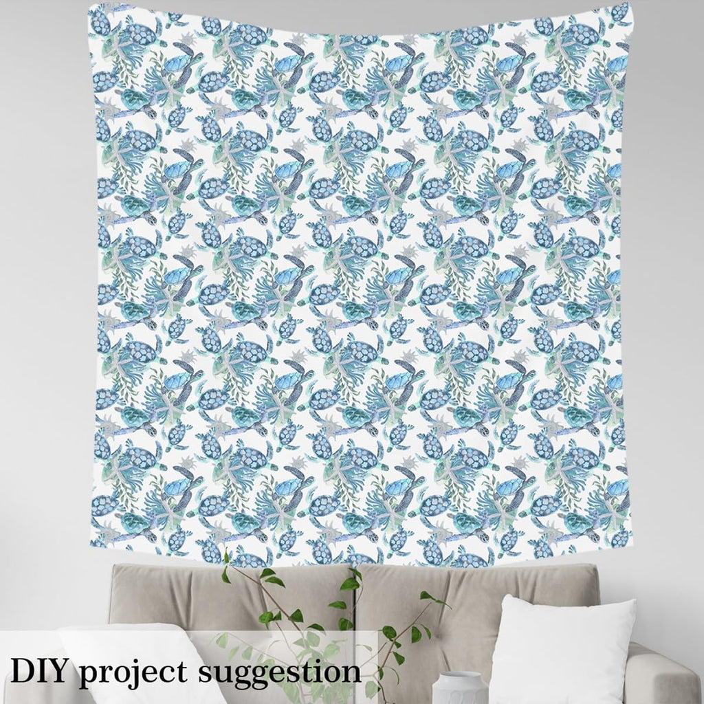 Sea Turtle Fabric by The Yard, Watercolor Fish Coral Soft Polyester No Stretch Sewing, Teal Turquoise Art Paint Print