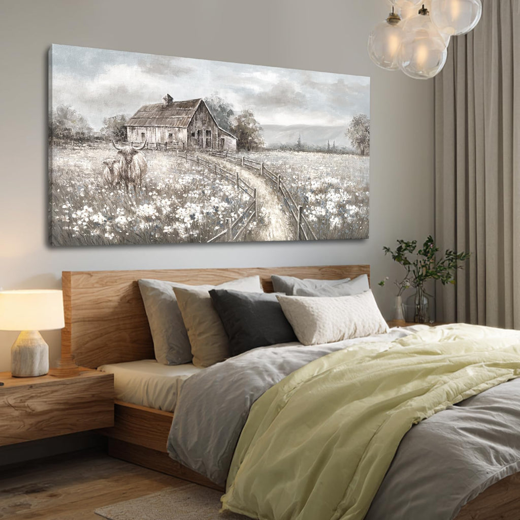 Neutral Greige Highland Cow Canvas Wall Art, Rustic Country Cottage Landscape with Meadow Flowers, Large Horizontal