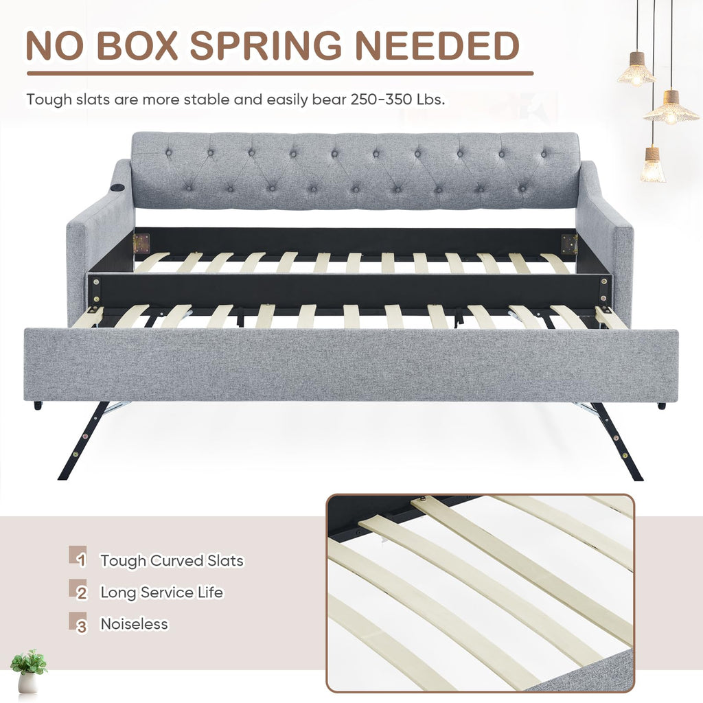 Daybed with Pop Up Trundle, Modern Button Tufted Linen Upholstered Sofa Bed Frame, Twin to King Size Day Bed w/USB &