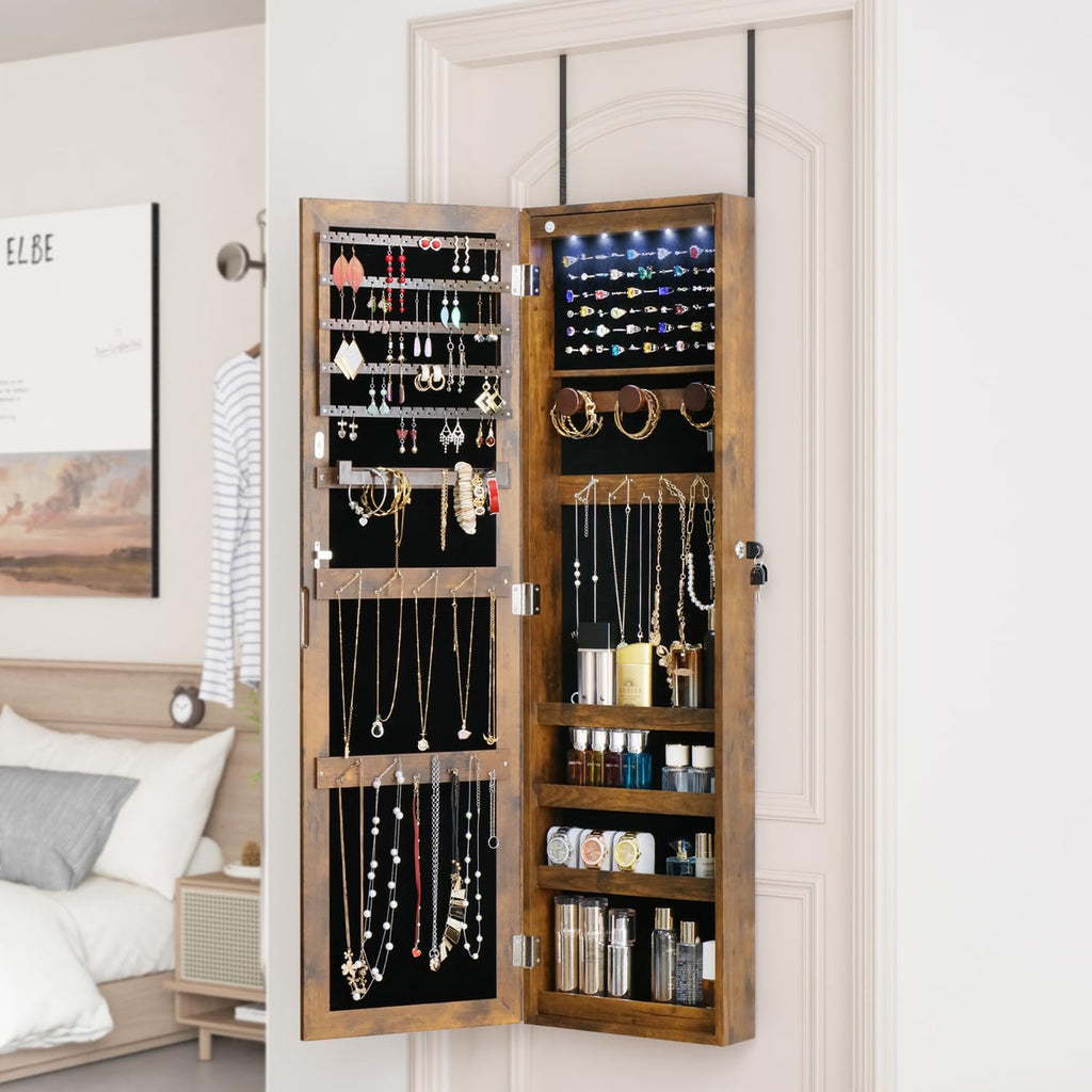 Full Length Mirror Jewelry Cabinet Organizer Lockable Door Wall-Mounted Jewelry Armoire with Shelves and Behind the