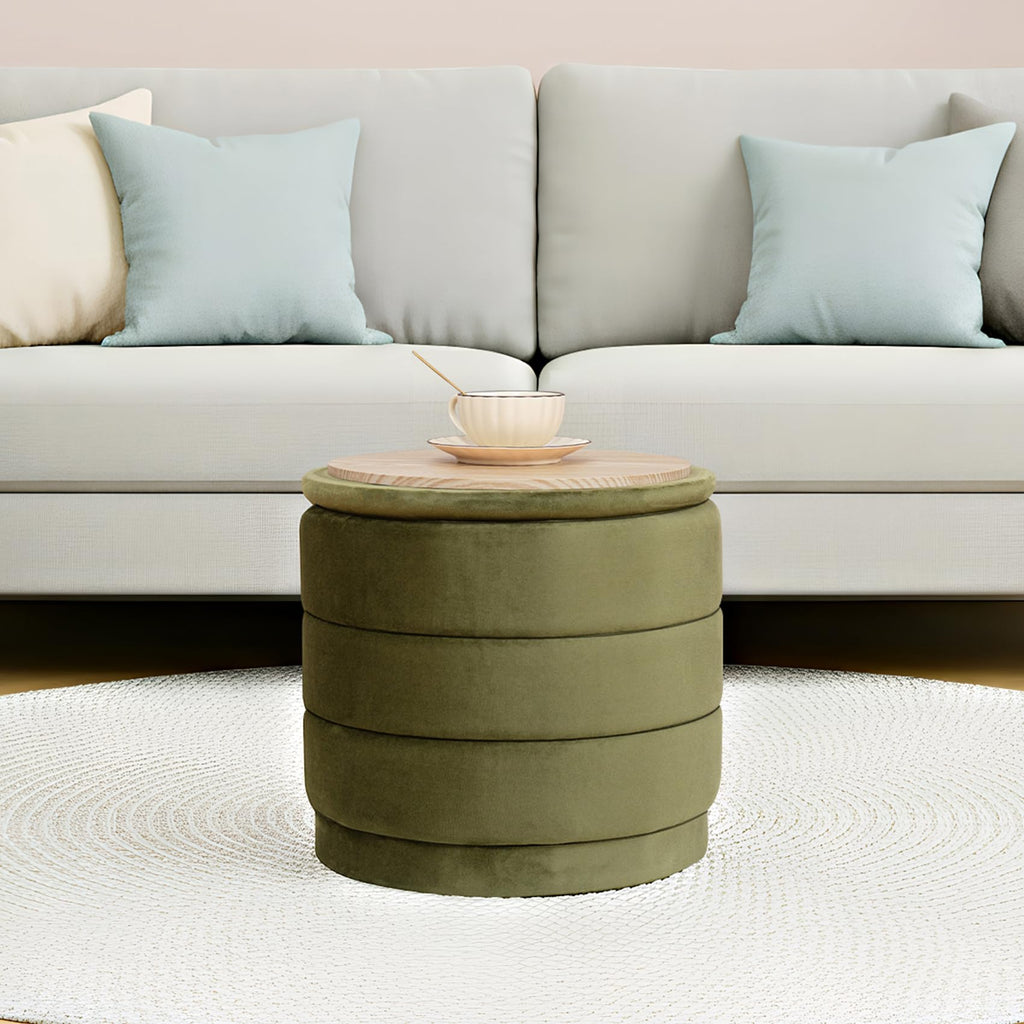 Round Storage Ottoman, 15.4" Velvet Footstool, Olive Green
