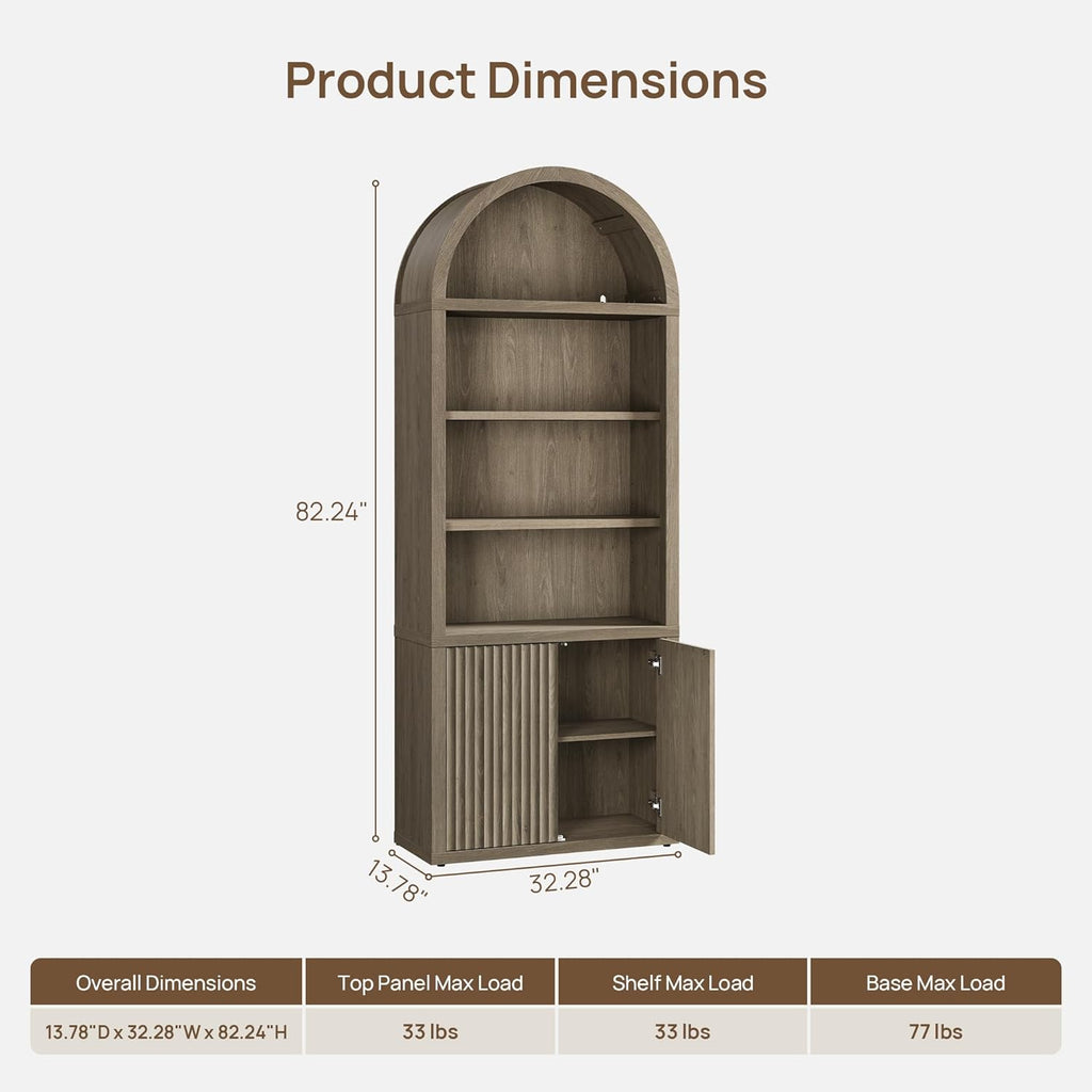 Book Shelf Arched Cabinet 82" Tall Bookcase with Doors 5 Tier Book Shelves with Storage Large Bookshelves Wide