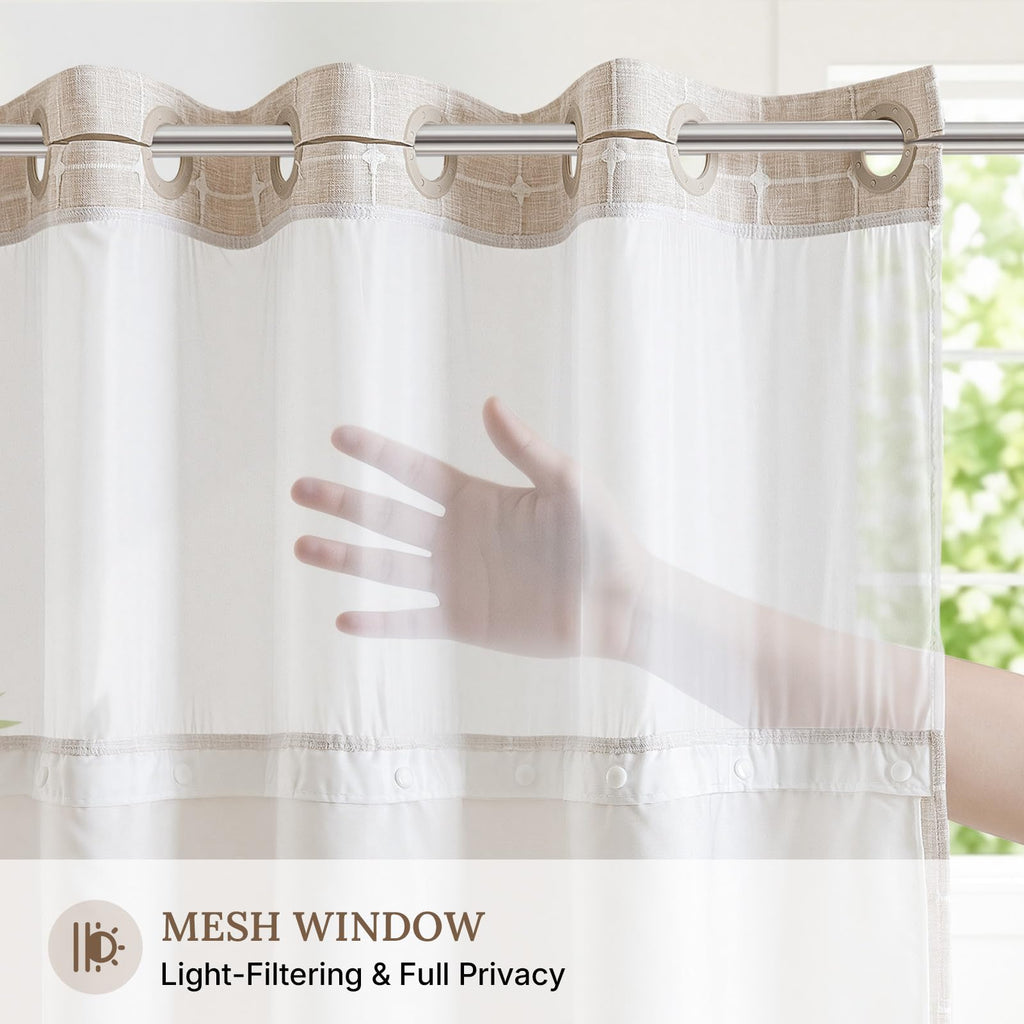 RiverDream Farmhouse No Hooks Shower Curtain with Snap-in Liner, Linen, 54x80