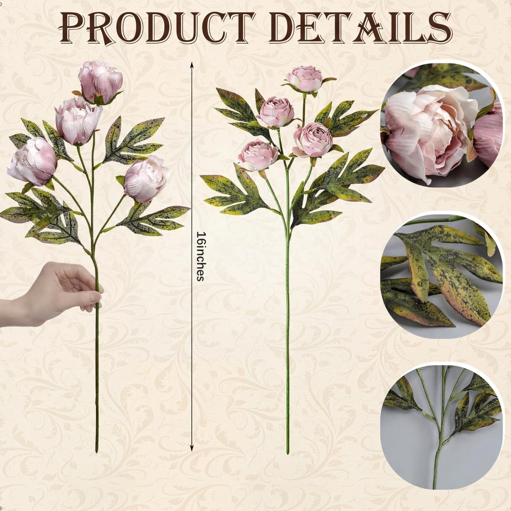 Faux Silk Peony Artificial Flowers Stem for Vase, 12 Pcs, Brownish
