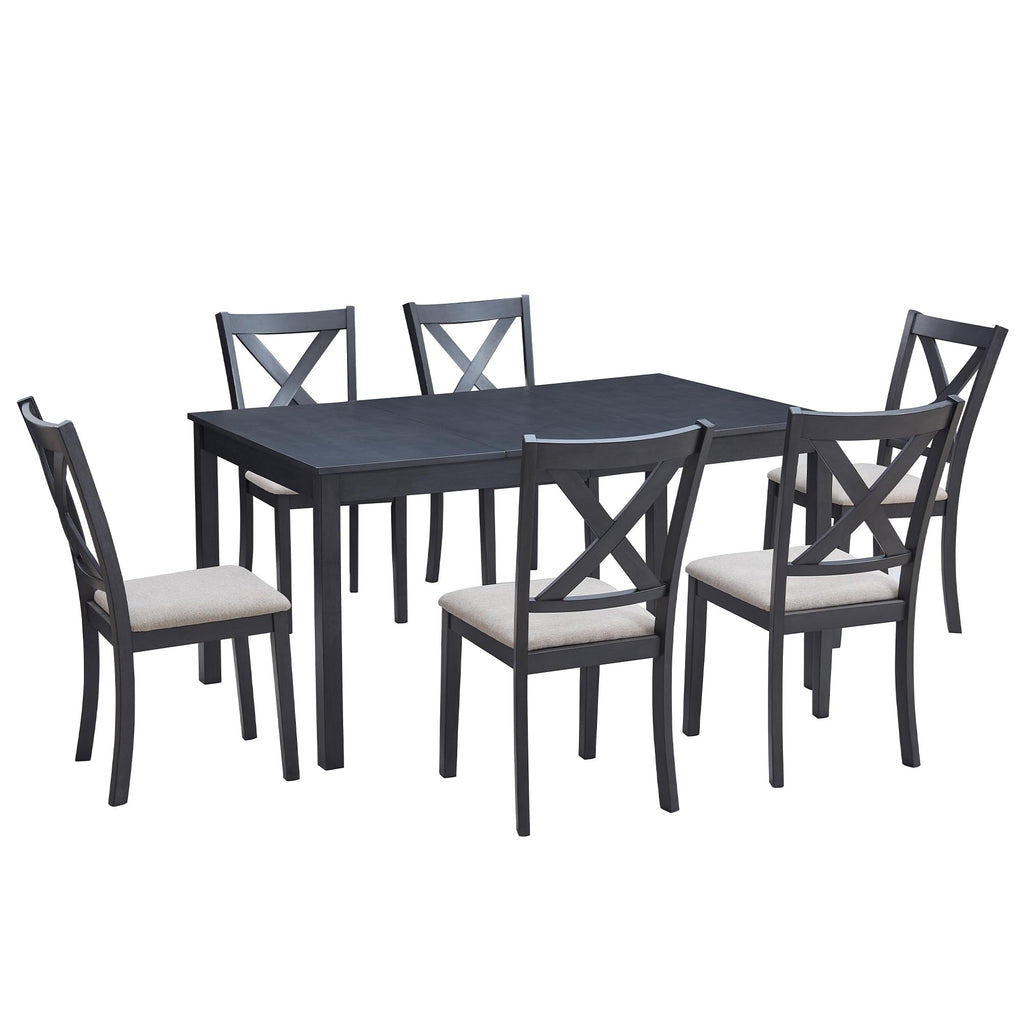 7-Piece Farmhouse Solid Wood Dining Table Set for 6, Grey & White