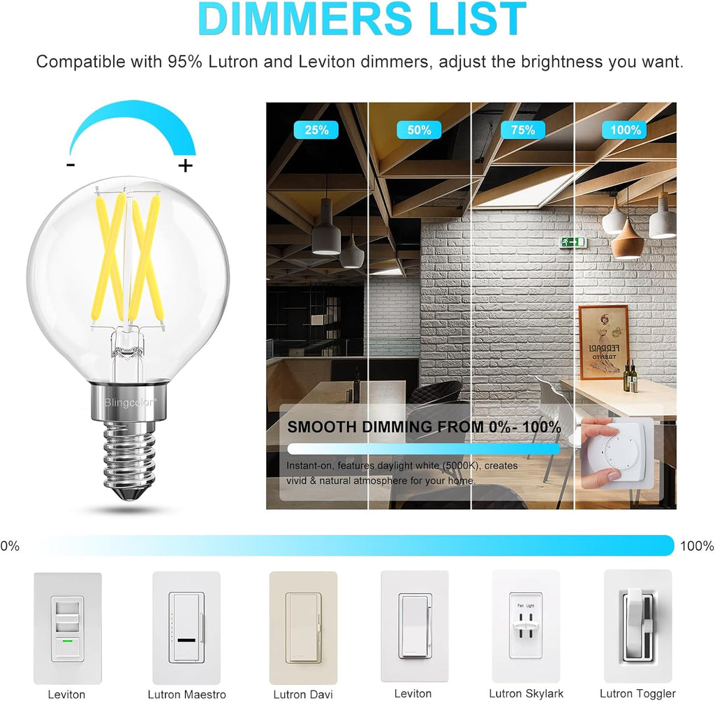 6 Pack E12 Dimmable G16.5 6W LED Candelabra Globe Light Bulbs 5000K