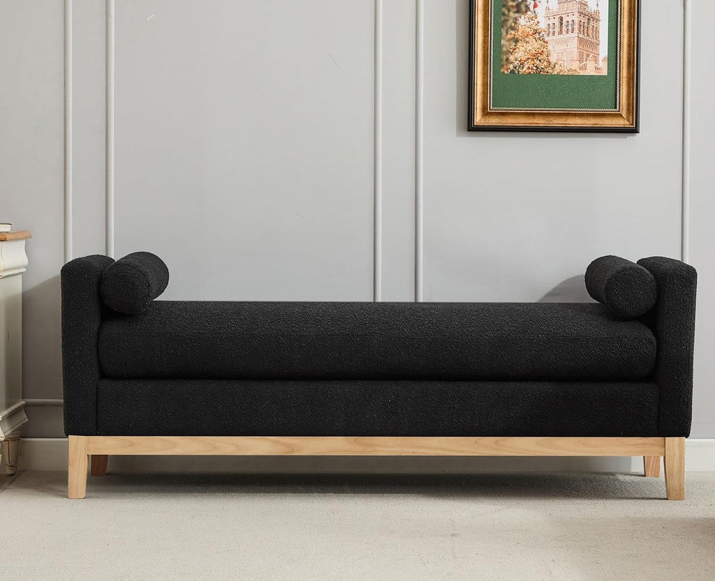 Oversize Boucle Bench Ottoman with 2 Bolster Pillows & Wood Legs, Upholstered End of Bed Daybed Seating, Foot Rest