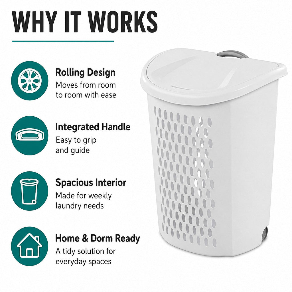 Rolling Laundry Hamper with Wheels & Handle, Plastic Basket with Lid, 135L