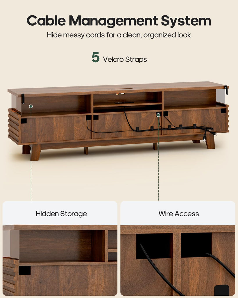 TV Stand with Cable Management, LED, Power Station (Walnut, 70.9")