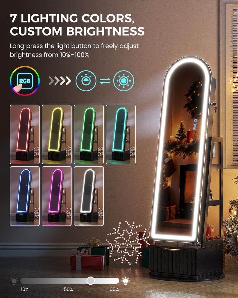 Arched Jewelry Cabinet with RGB Full-Length Mirror and Storage