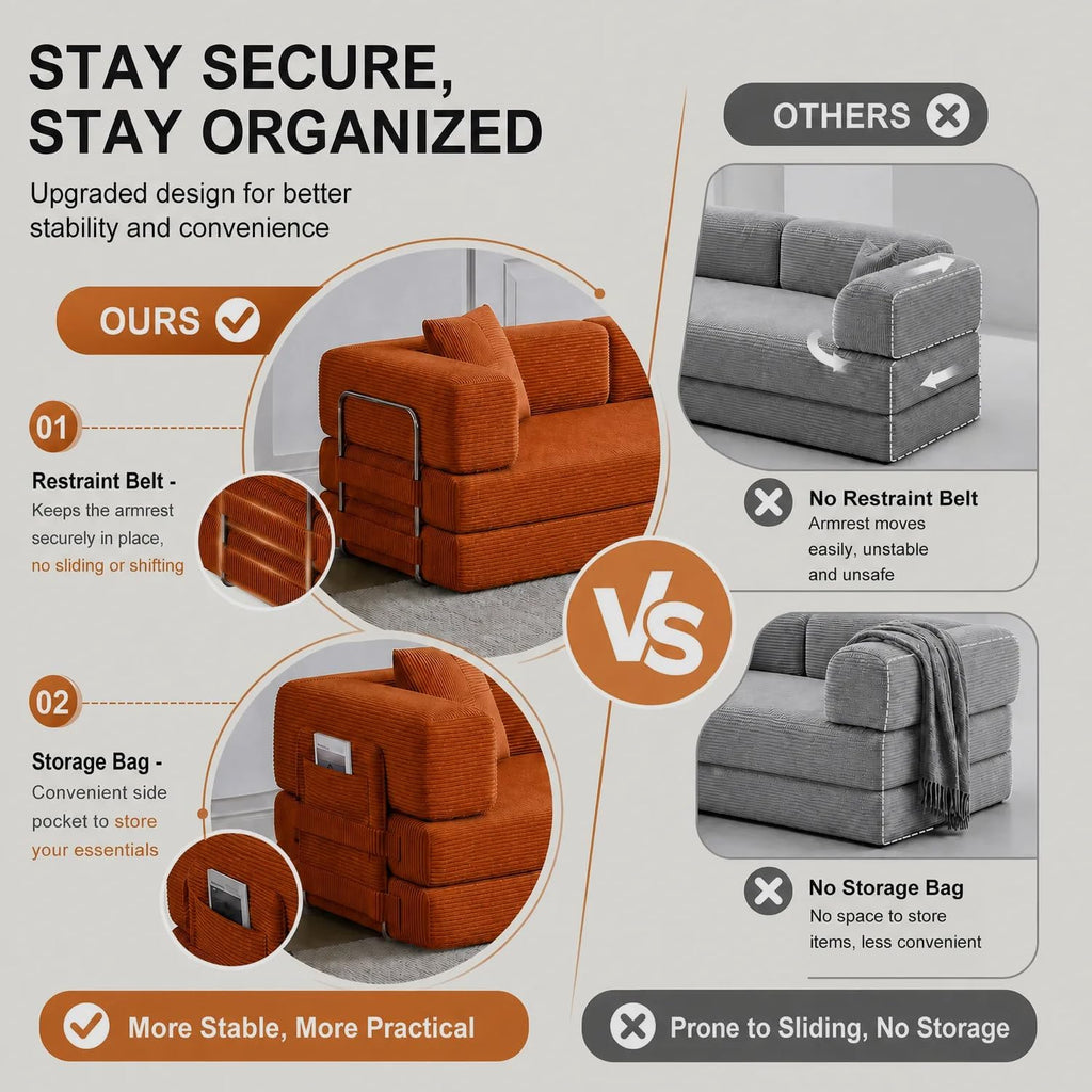 79.5" Convertible Futon Sofa Bed, Boneless Couch | Corduroy Boneless Loveseat Sleeper Sofa, Modular Futon Couch with