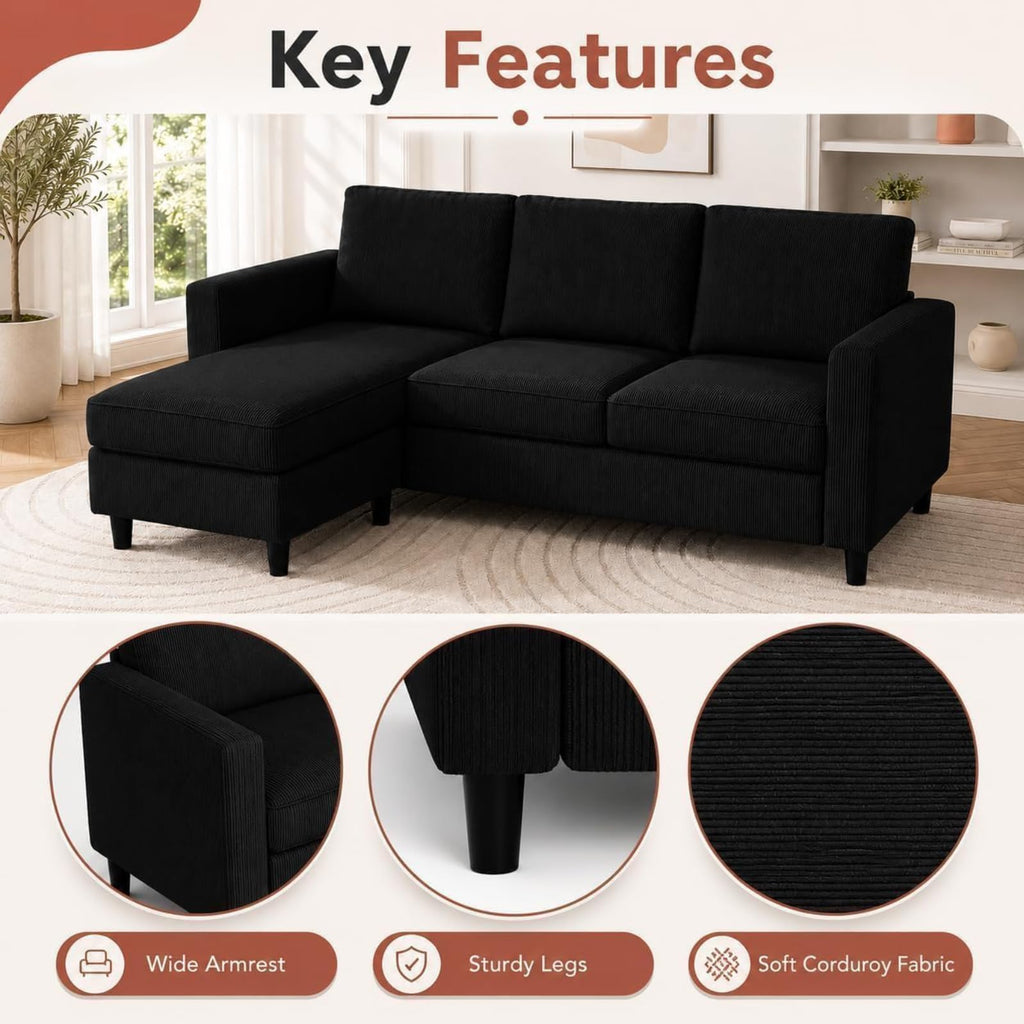 73.6" L-Shaped Small Sectional Couch with Ottoman, Black