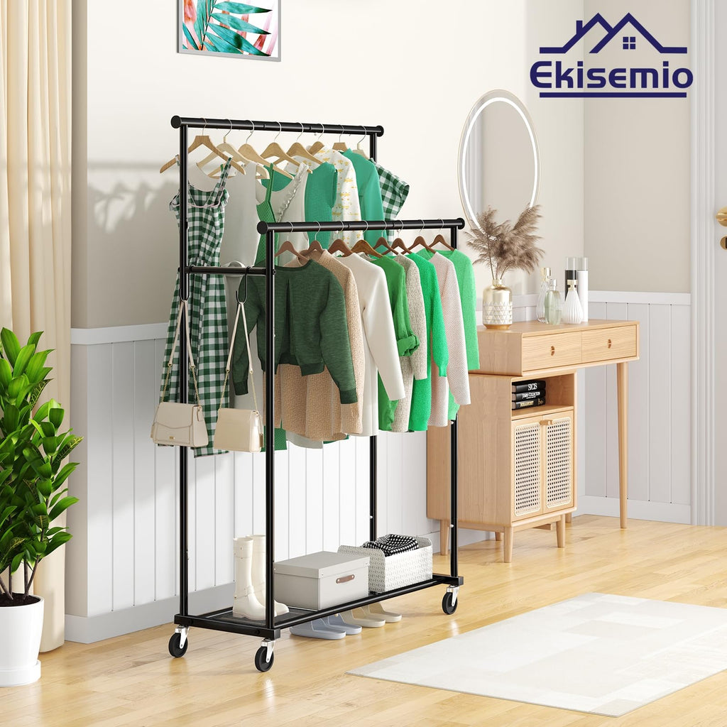 Double Rods Clothes Rack with Wheels Load 400 LBS, 45 Inch Rolling Clothing Rack for Hanging Clothes, Heavy Duty