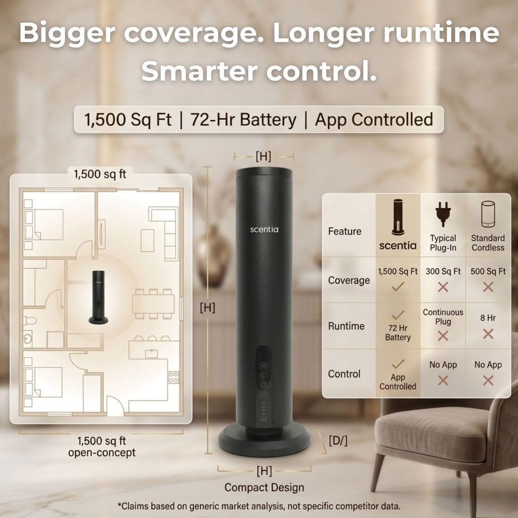 Wireless Waterless Scent Diffuser, App Control, 1500 Sq. Ft Black