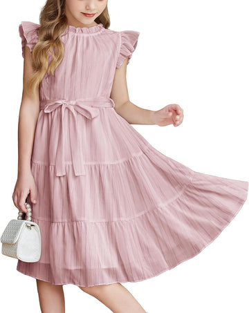 Tween Girls Summer Dress Formal Ruffle Sleeve A Line with Belt