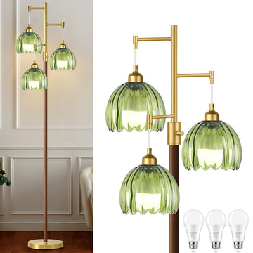 Wood Floor Lamps Bedroom-3 Light Gold Floor Lamp with Glass Lampshape, Flower Tall Lamp Glass Mid Century Standing