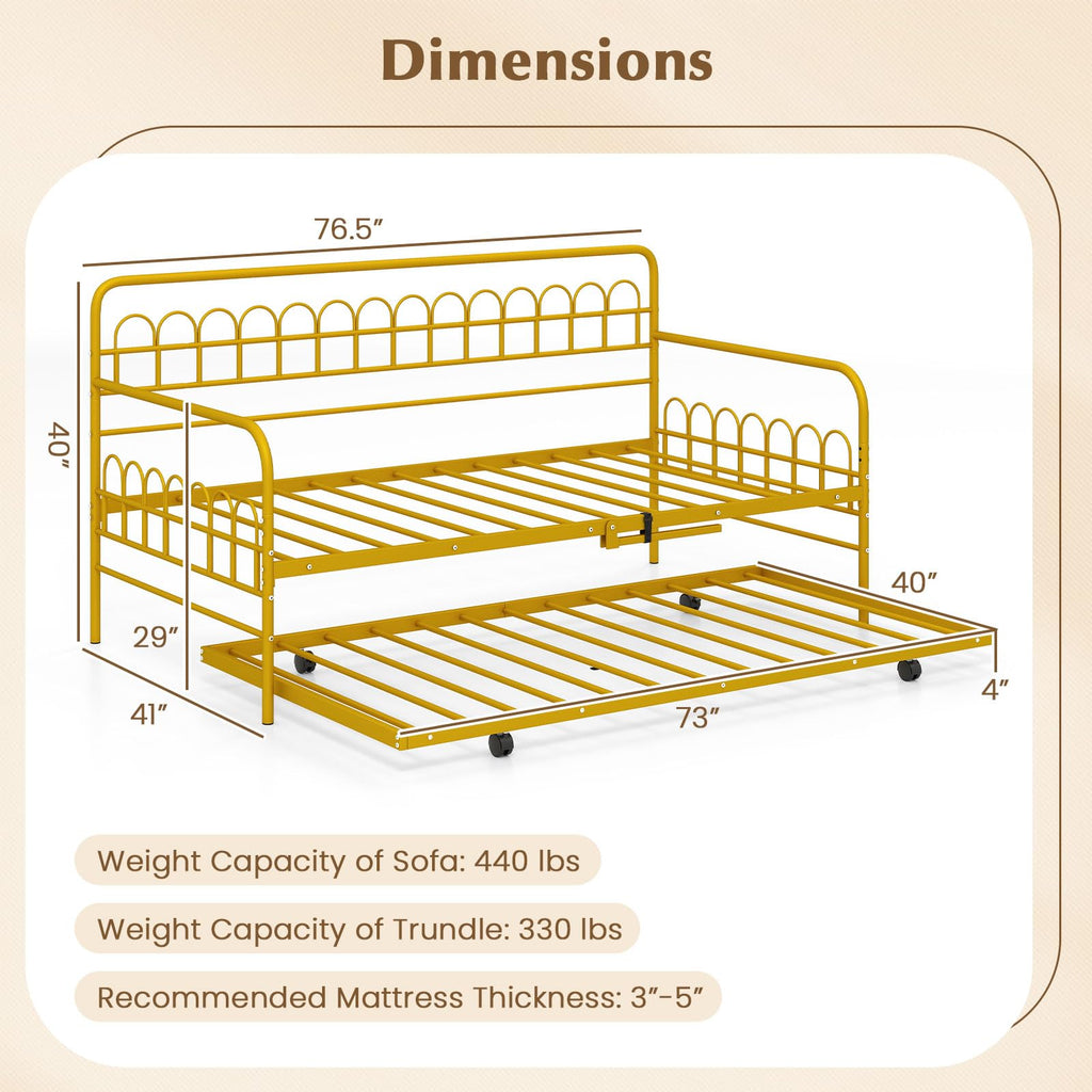 Twin Daybed with Trundle Gold, Metal Day Bed with Convenient Pull-Out Trundle Bed, Metal Slats, Lockable Universal