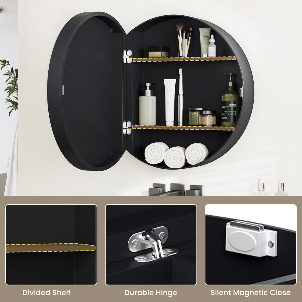 20 Inch Round Black Medicine Cabinet with Mirror, Modern Wall Mounted Vanity Cabinet, Circle Bathroom Mirror with