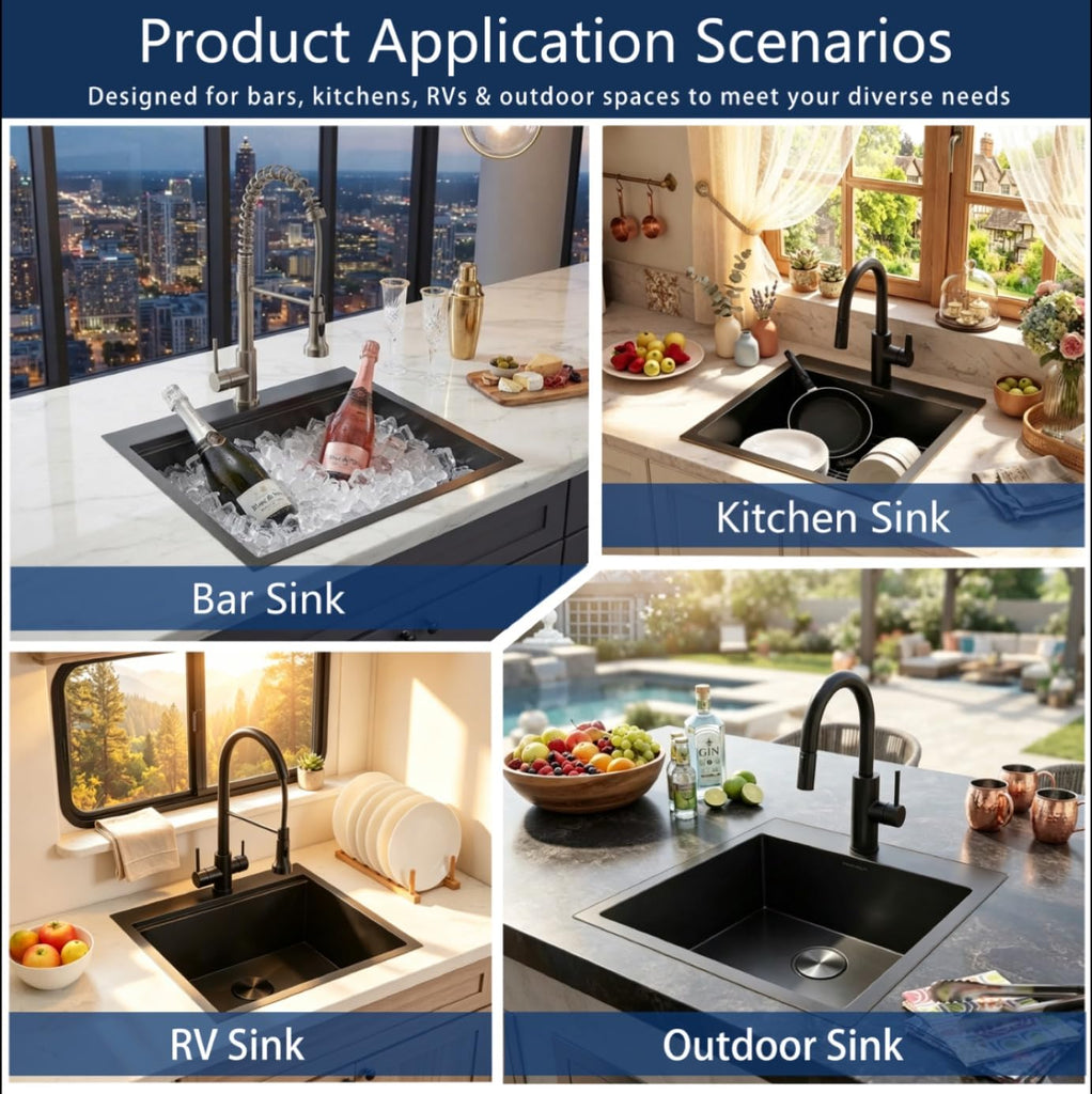 18x18 Inch Drop in Black Bar Sink, Top Mount Handmade 16 Gauge Stainless Steel Small Black Kitchen Sink, 9 Inch Deep