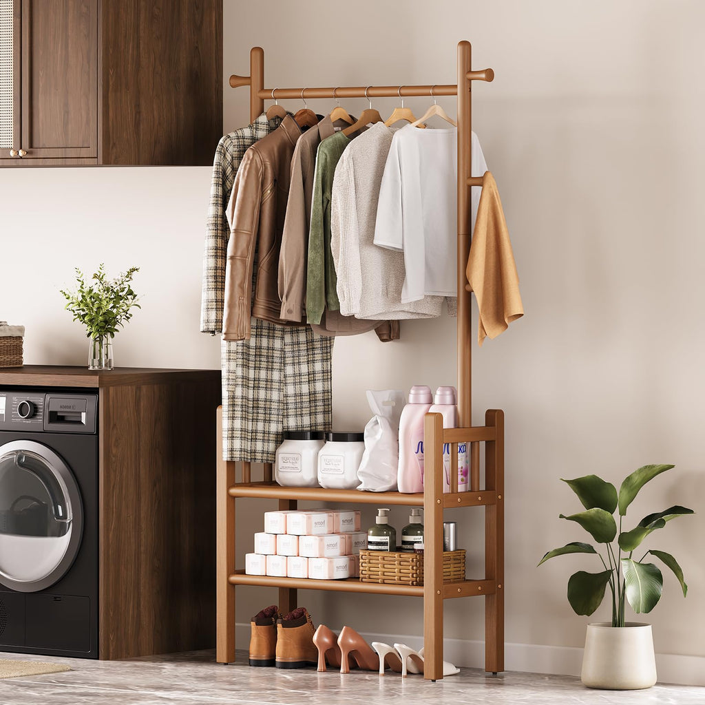 Solid Wood Clothing Rack with Shelves - Coat Rack Freestanding with 6 Hooks, 3-in-1 Hall Tree for Hanging Clothes