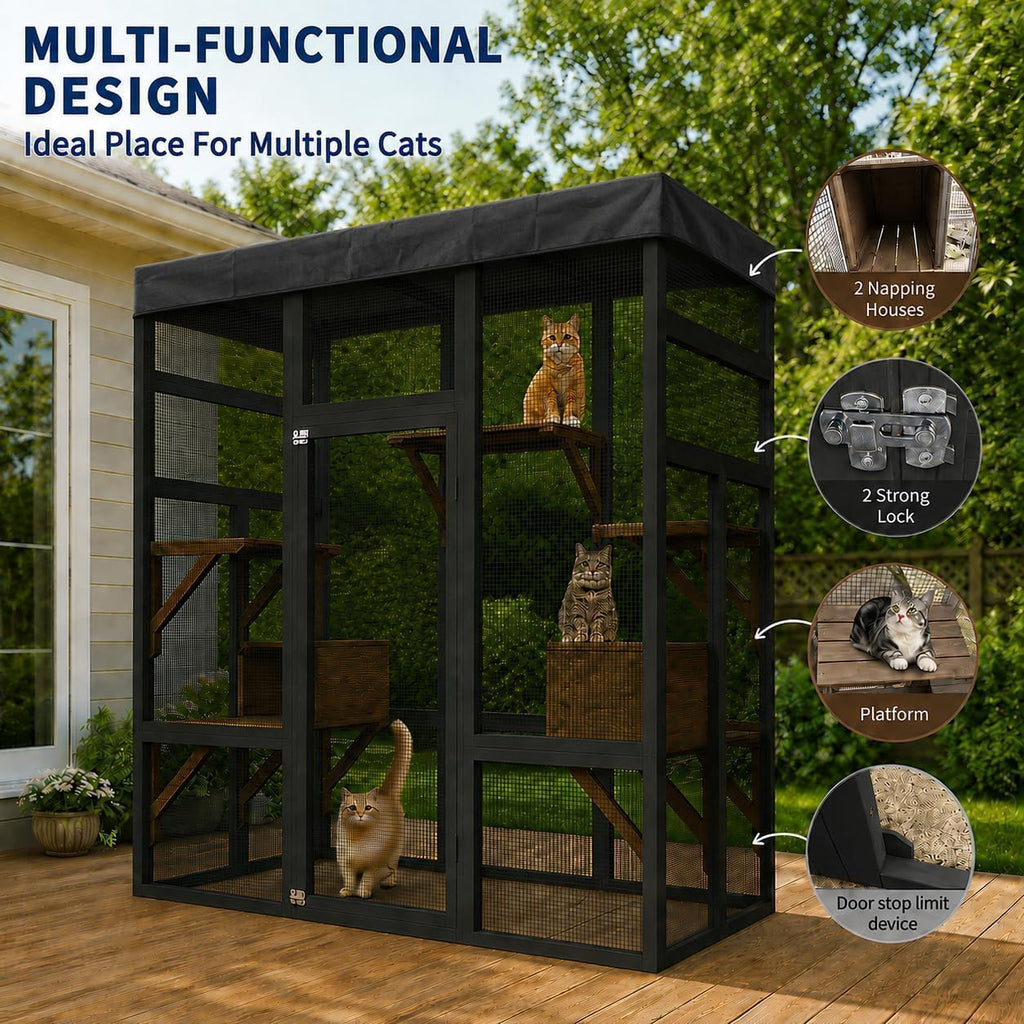 70" Outdoor Catio Cat Enclosure, Large Cat House, Wooden 5-Platform