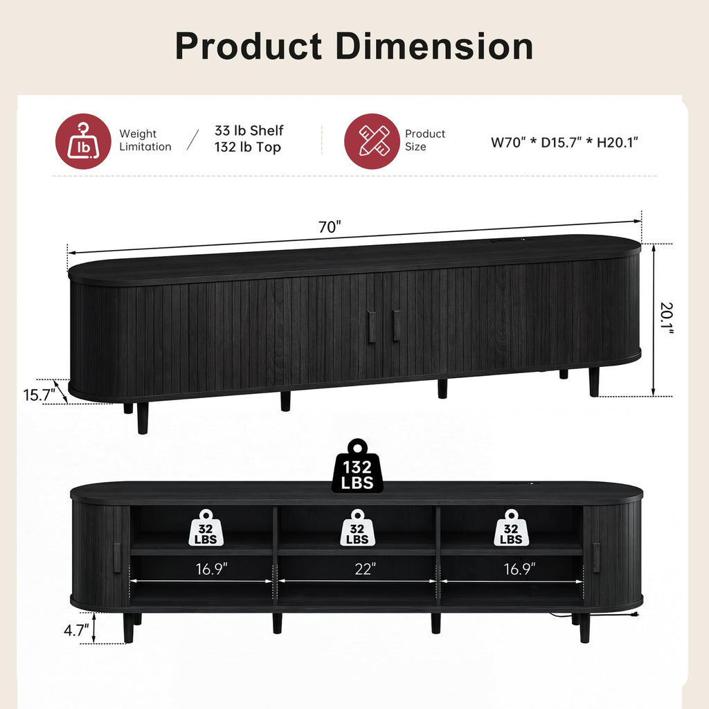 70" Mid Century Modern TV Stand, Wood TV Consoles with Sliding Doors and Power Outlet, Entertainment Center with