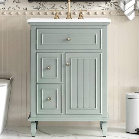 24 Inch Bathroom Vanity with Sink, Solid Wood Bathroom Sink Vanity with Drawers, Freestanding Bathroom Vanities with Adjustable Shelf, Light Green A133-B0FJRLFXJS
